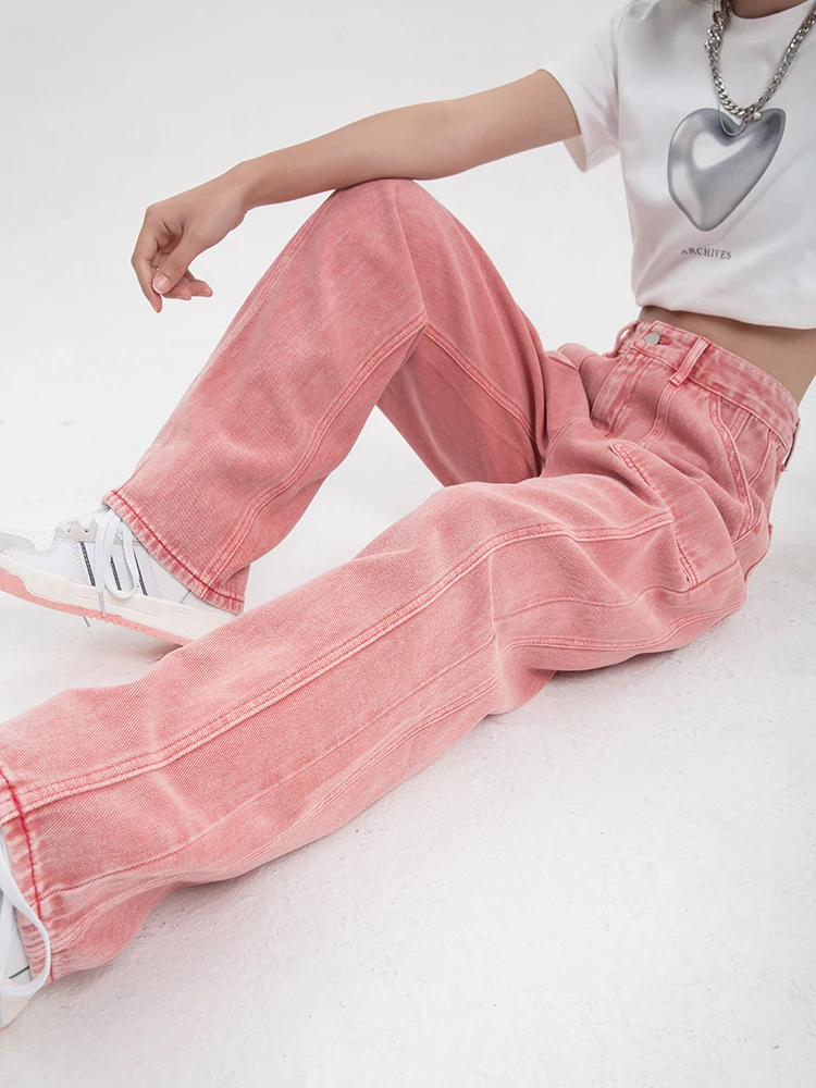 Imagem -06 - Verão Novo Rosa para Mulheres Calças de Brim Cintura Alta Perna Larga Calças Jeans Baggy Senhoras Streetwear Coreano Reta Solta Calças Jean 2023