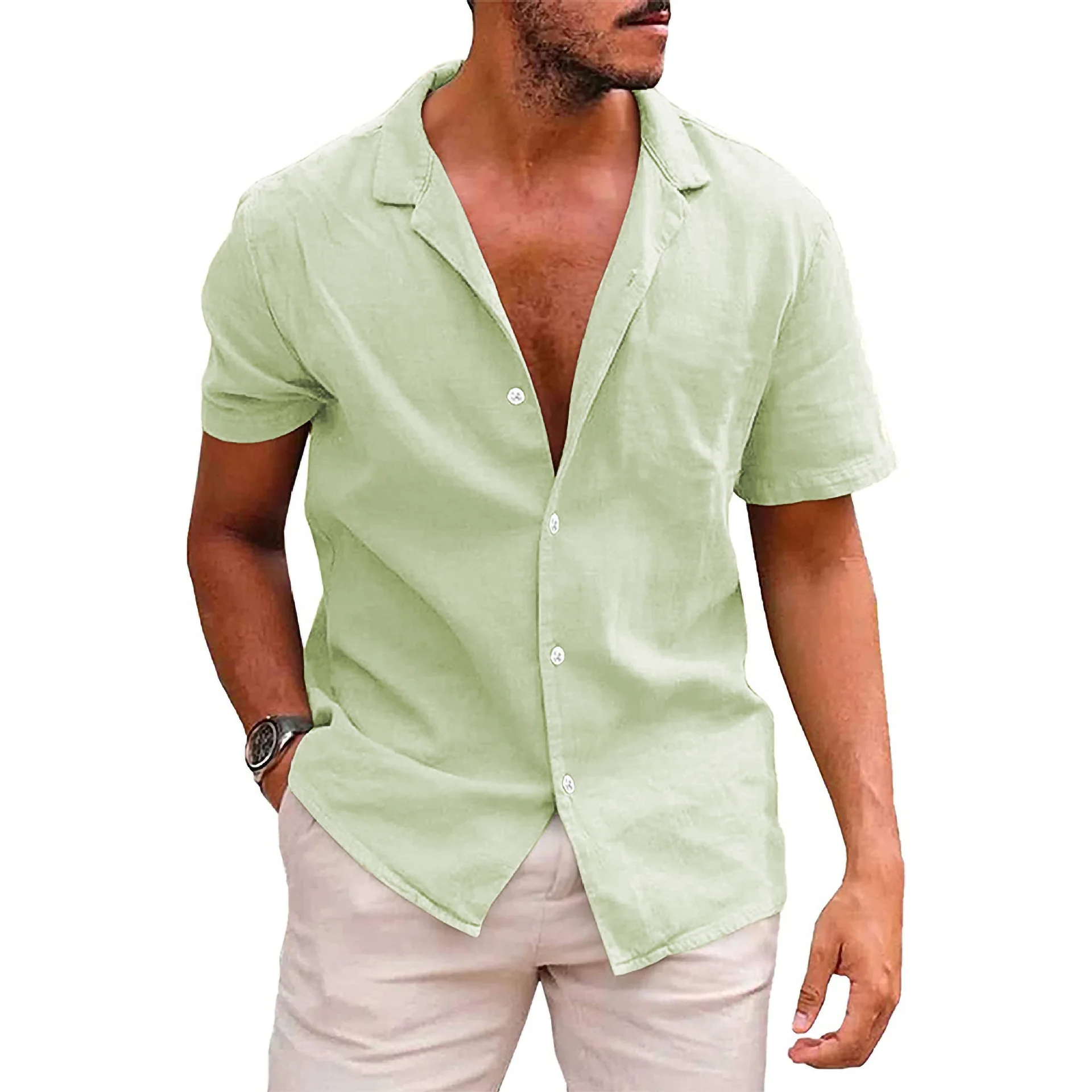 Summer New Men's Casual Solid Color Blouse Cotton Linen Short Sleeve Shirt Loose Cardigan Tops Comfy Breathable Beach Male Shirt