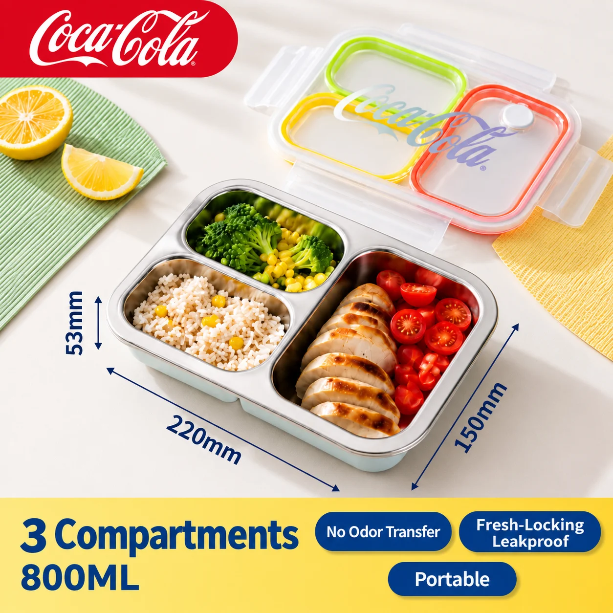 Coca Cola 304 roestvrijstalen bentobox 800/1000ML lekvrije lunchbox 2/3 compartimenten voedselcontainer voor kantoor, picknick, kamperen