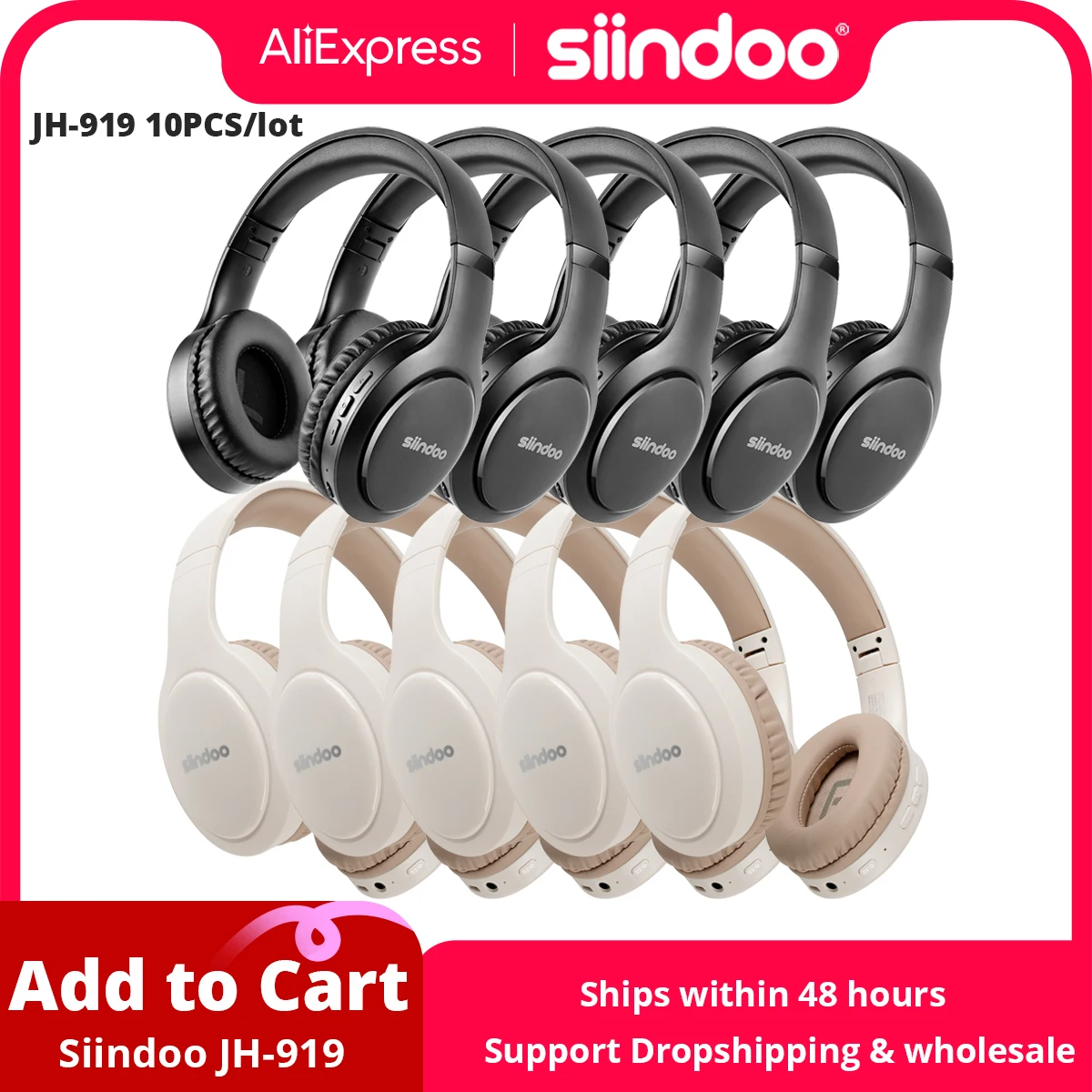 Siindoo JH-919 Wireless Bluetooth Headphones 10pcs Mix Colors Foldable Stereo Earphones Super Bass Noise Reduction Mic For PC TV