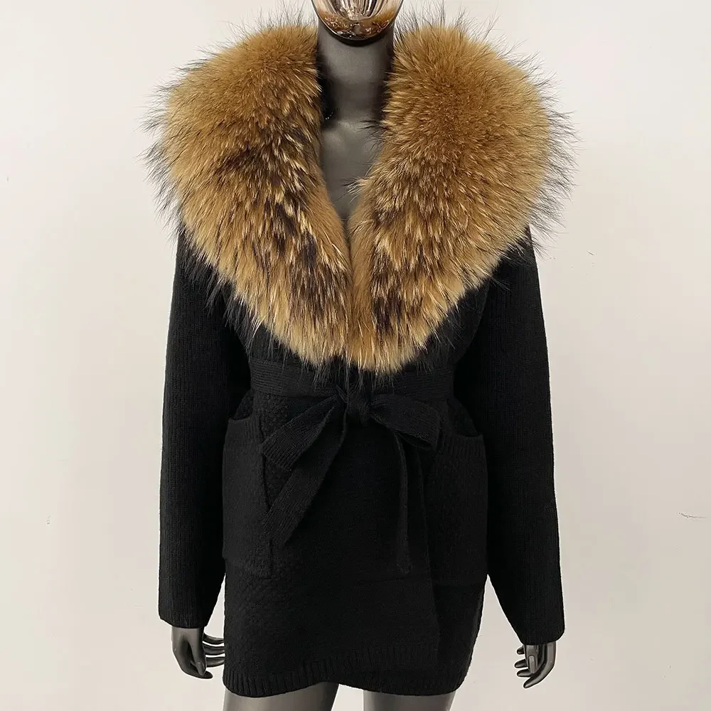 Winter Echt Fox Pelzmantel Stricken Strickjacke Frauen Langarm Mode Warme Weibliche Mit Kapuze Natürliche Waschbären Pelz Jacke Outwear