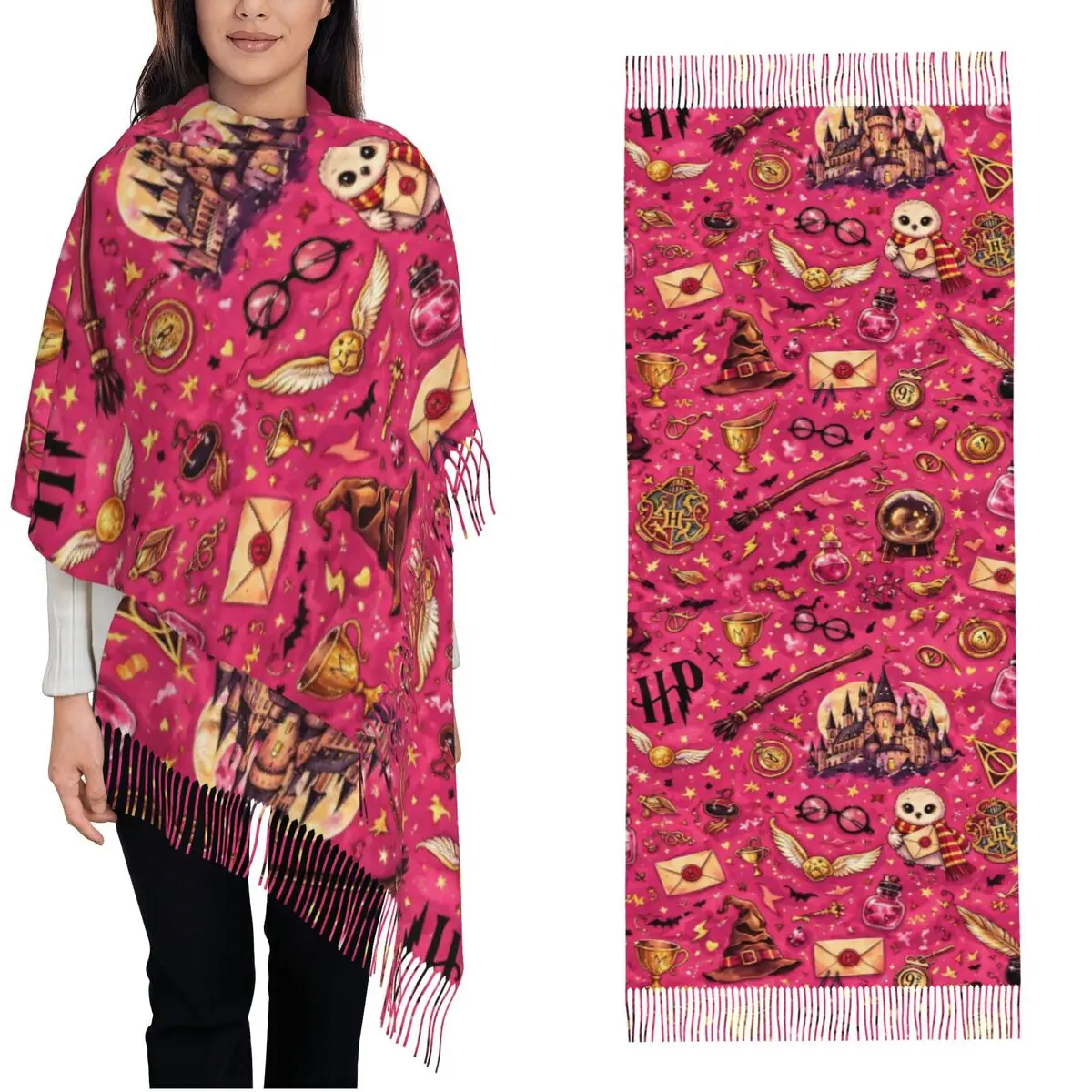 Bufanda con flecos para mujer, modelo H-HP-p, de la colección Harry Potter, con motivos mágicos, grande, suave, cálida, ideal como regalo, bufanda tipo chal, bufandas de pashmina.