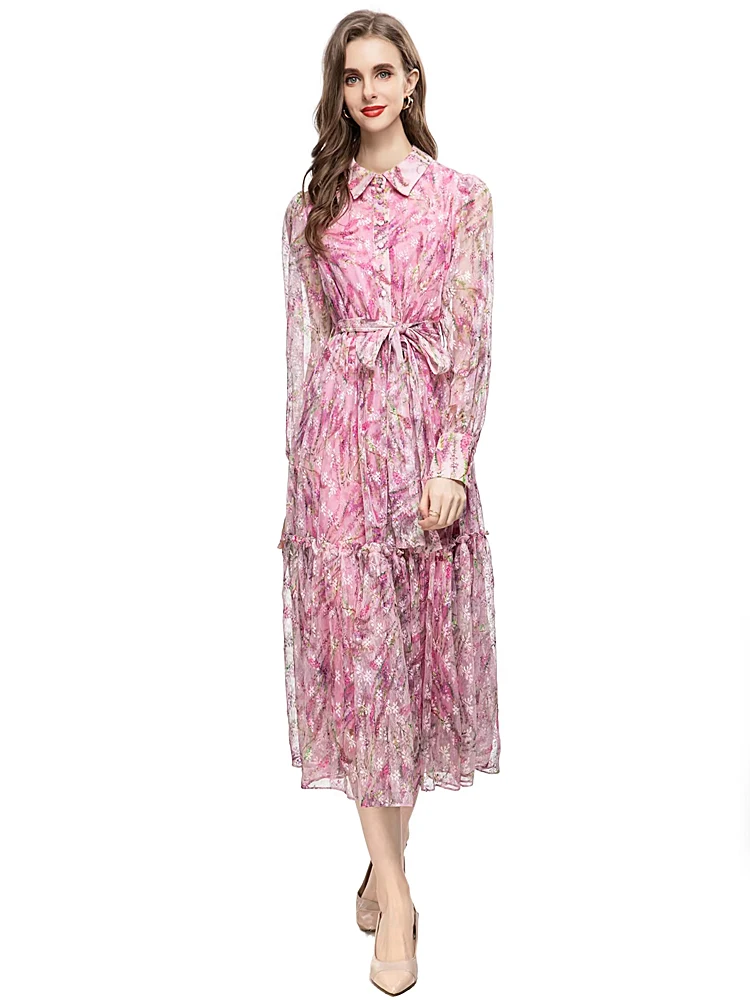 Luxury  New Spring Autumn Female High Quality Fashion Party Printed Button Bohemian Elegant Casual Beach Holiday Chic Midi Dress