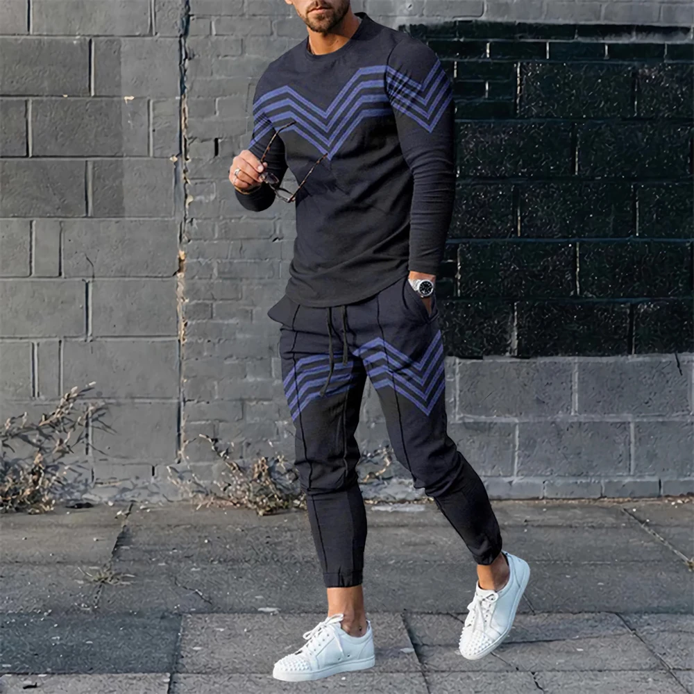 Fashion Men\'s Long Sleeve T-shirt Set Sports Pants New 3D Printed Casual Male Clothes Oversized Tracksuits 2 Piece Men Clothing