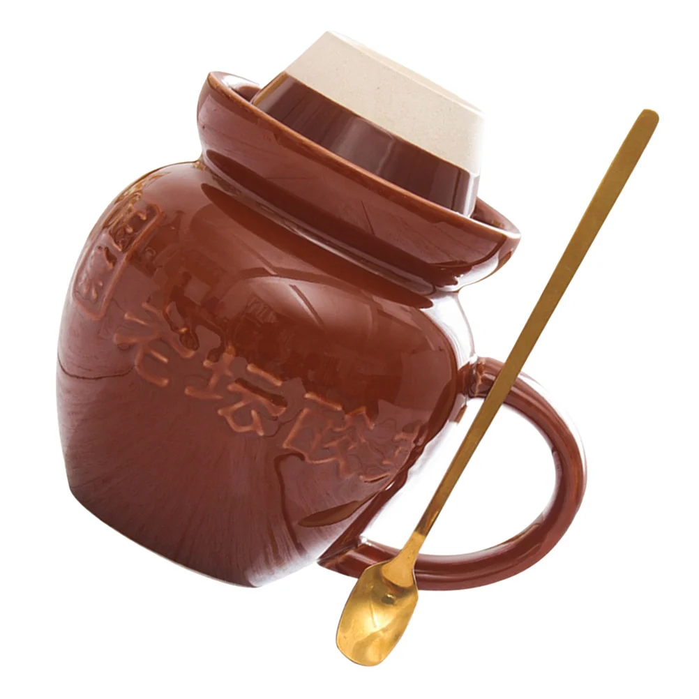 

1Set Vintage Pickle Jar Shaped Ceramic Coffee Mug with Lid Spoon Office Cup Milk Mug Drinking Cup Water Cups
