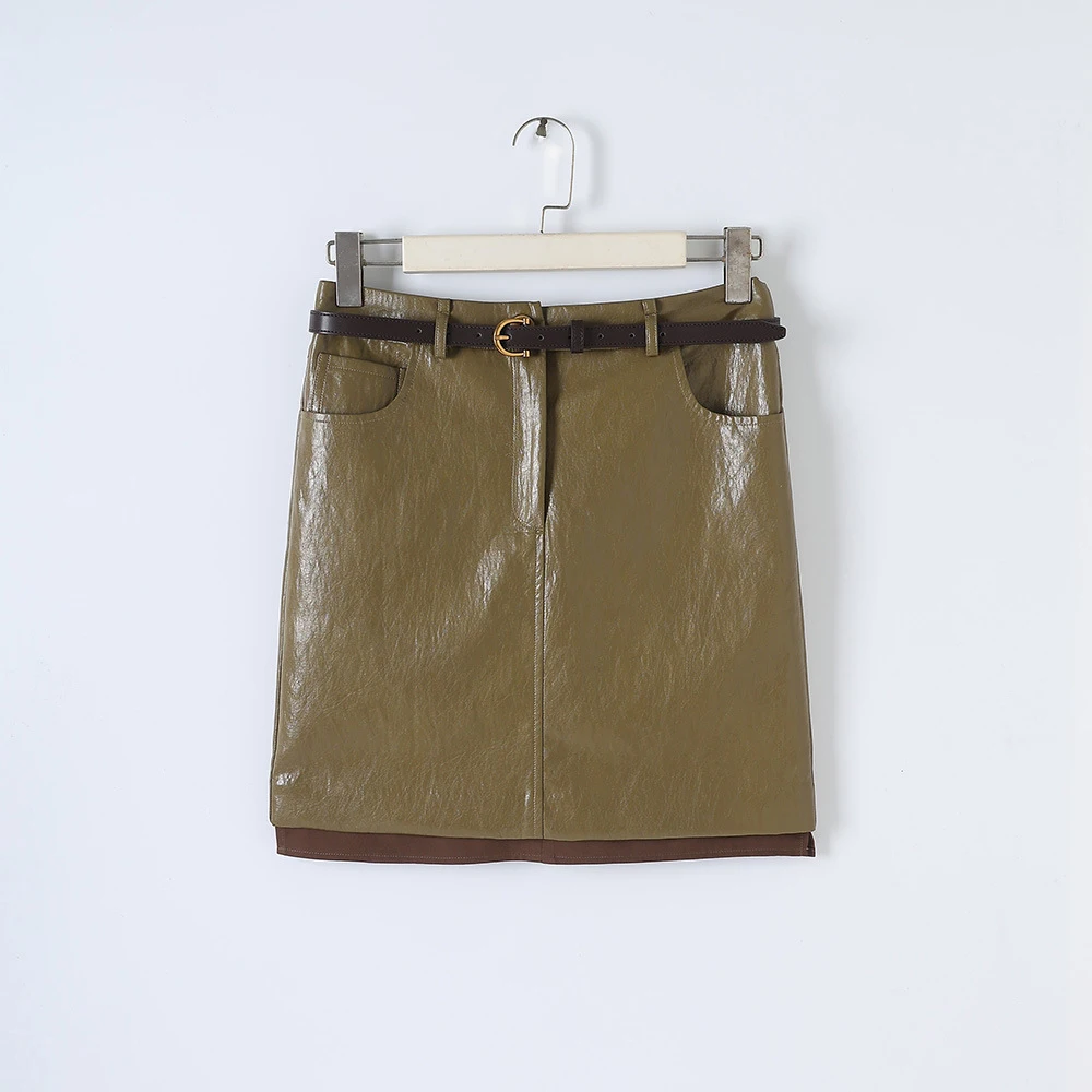 PU leather skirt, Y2K stylish yellowish-green short skirt for women 2026 autumn/winter, with a belt included