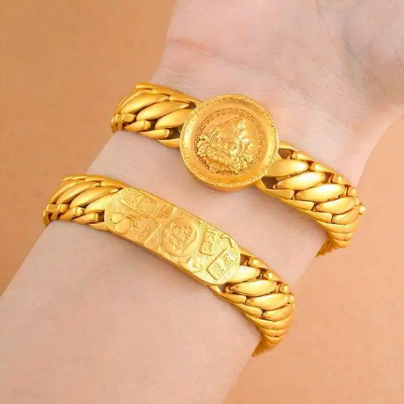 Vintage Wide Surface Cuban Link Chain Bracelet for Men, 24K Gold AU999, combines retro style and wide surface craft
