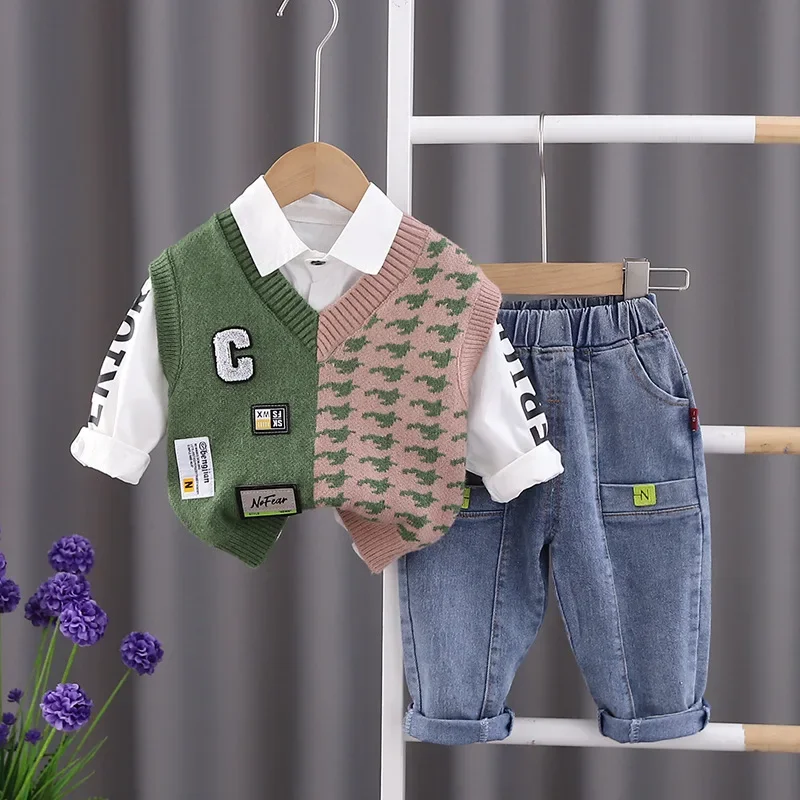 Baby Boy Clothes Set Korean Knitted Sweater Vest White Shirts Jeans 3PCS Boys Infant Clothing Kids Bebes Jogging Suits Tracksuit