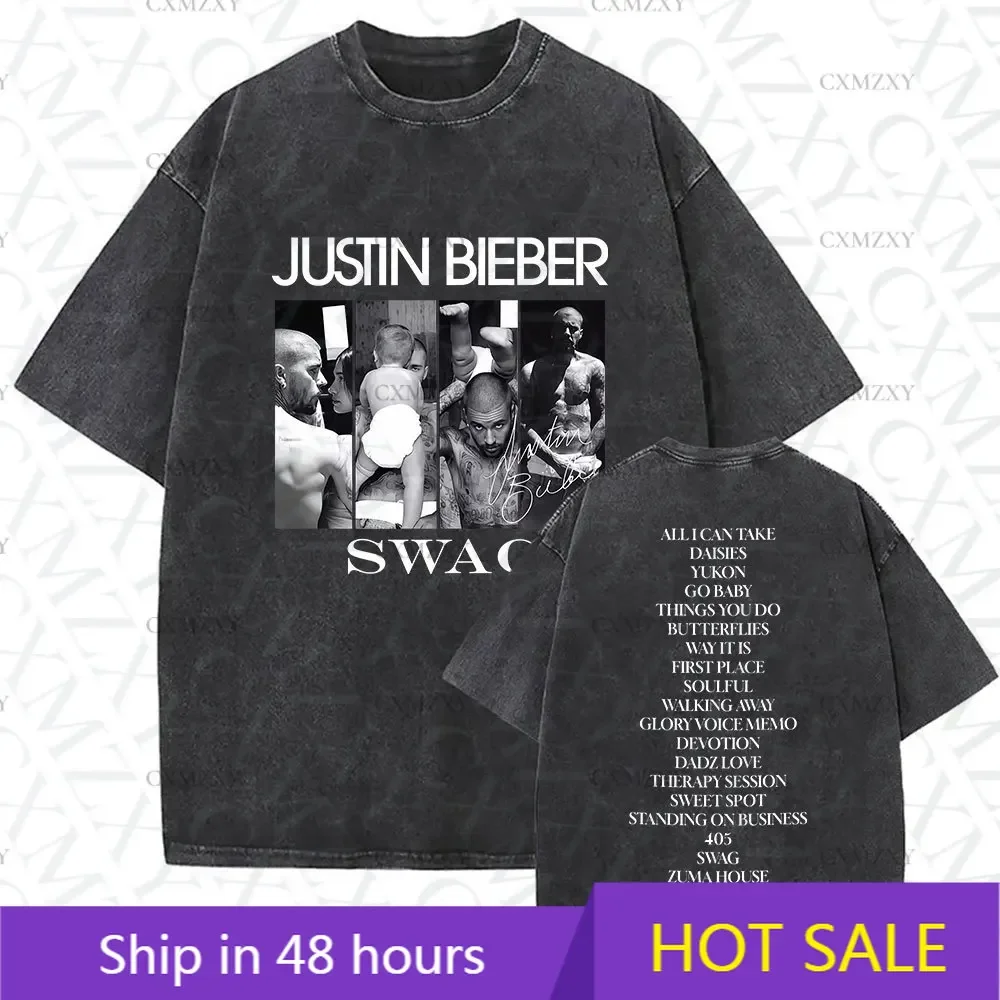 

Justin Bieber SWAG Album 2025 Vintage Washed T Shirts Men's Street Hip Hop Tide Short Sleeve T-shirt Pure Cotton Tees Streetwear