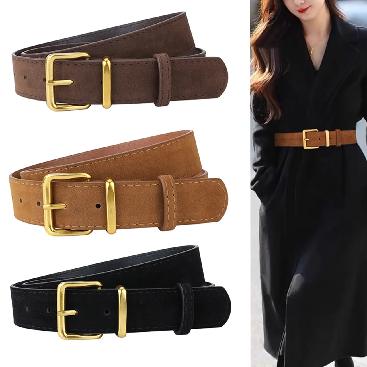 Women's Suede Wide Waistband Simple Classic Metal Pin Buckle Belt PU Leather Waist Strap For Dress Coat Suit Decoration Belts