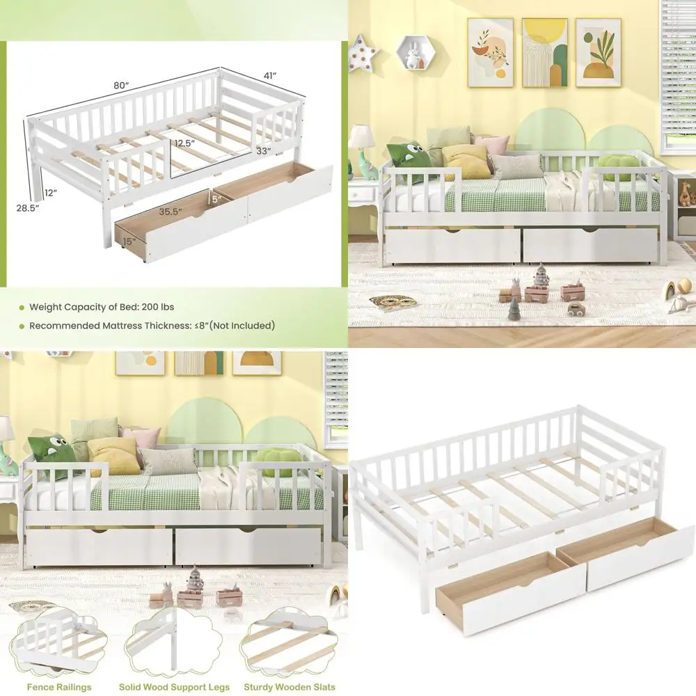 

White Twin Storage Bed with Side Shelves, Wooden Monto Desk Bed, Suitable for Boys & Girls, No Box Spring Required