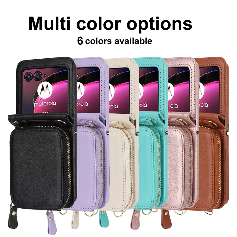 Crossbody Wrist Strap Zipper Purse Phone Case for Motorola Razr 40 Ultra Moto Razr40 2023 Leather Wallet  with Card Holder Cover