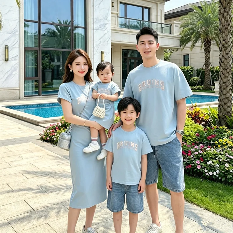 Family Couple Matching Outfits Father and Son T Shirts Mother and Daughter Dresses Korean Parent-child Sister Brother Clothes