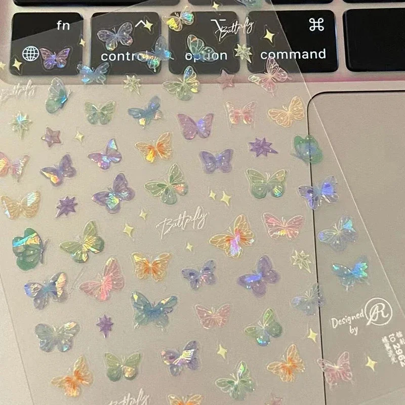 1pc Fashion Butterfly Wing Streamer Laser Stickers Advanced Embossed Nail Art Stickers Colorful Butterfly Fairy Stickers