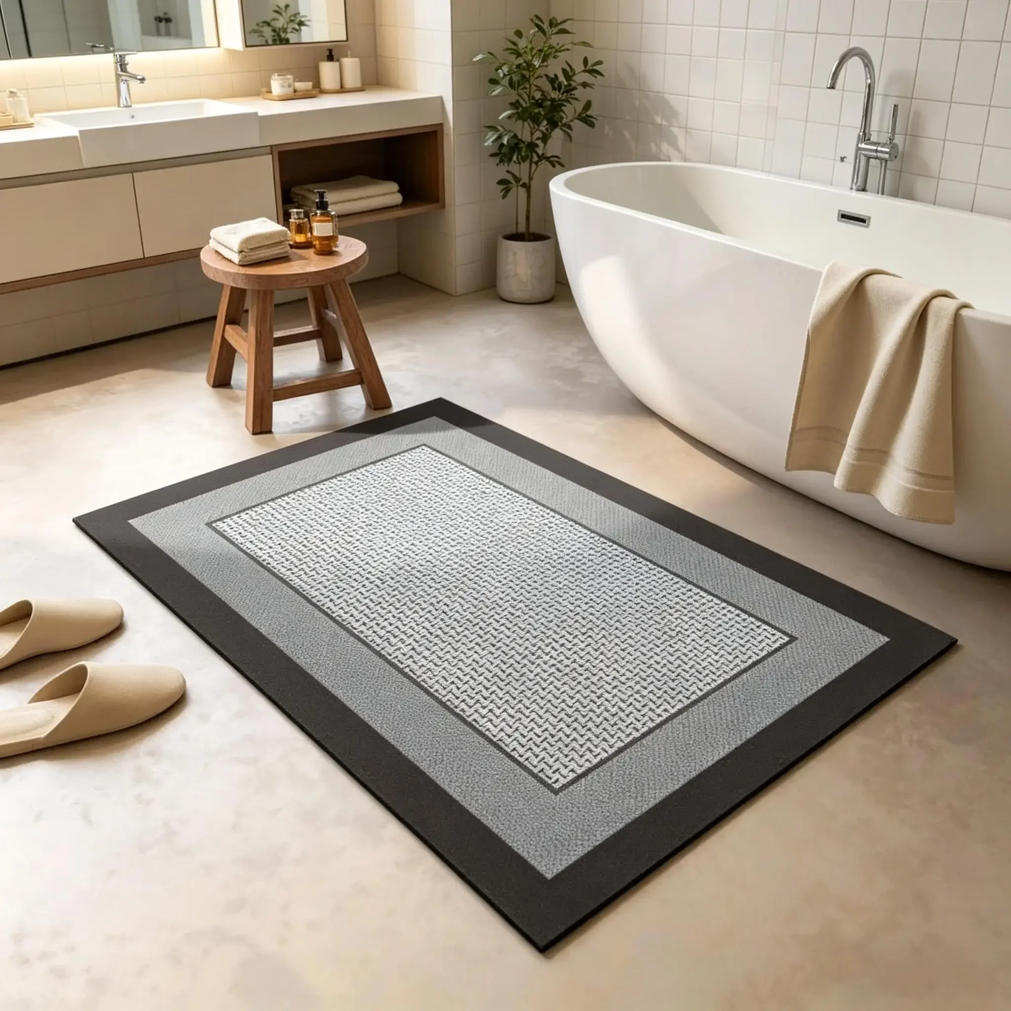 High Quality Diatomite Bath Mat, Absorbent Quick Dry Floor Mat, Rubber Non-Slip Backing Simple Retro Print Easy Clean