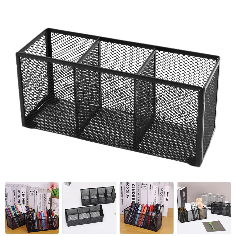 

Three Grid Storage Box Mesh Pen Holder Metal Desk Organizer Black Holders Office