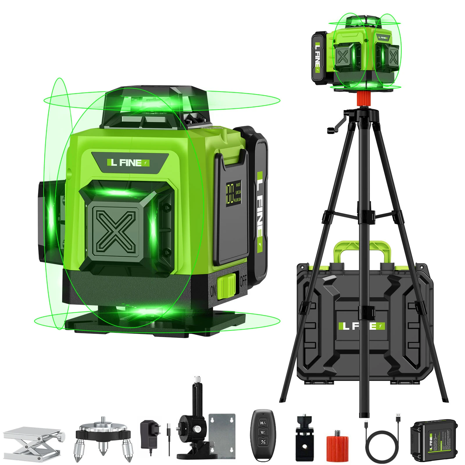 Lfine Nivel Laser 4D 16 Lines 360°Self-leveling Laser Levels withTripod and Suitcase Green Lines Professional Laser Level Tool