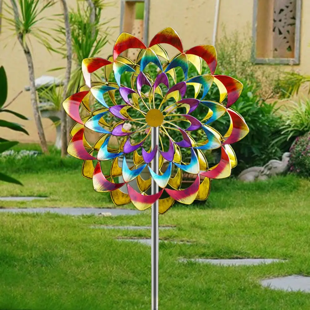 

Colorful Flower Wind Spinner with Stake Weather-proof Garden Yard Lawn Metal Rotary Windmill Ground Spike Home Decoration