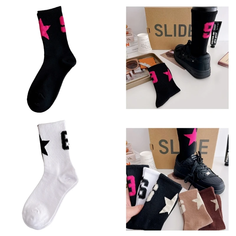 Vintage Harajuku Star Number Printed Cotton Crew Socks for Women Sporty Style Skateboard Athletic Middle Tube Socks