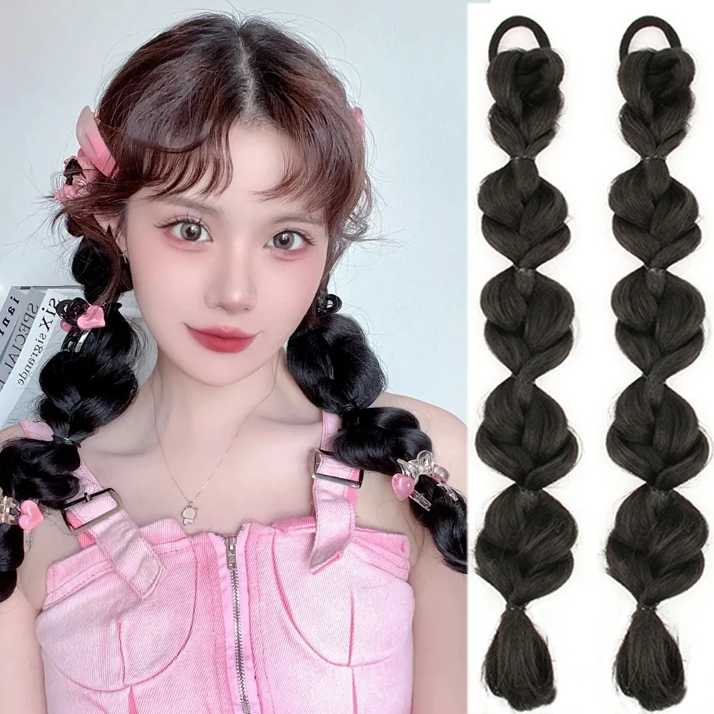 Synthetic Cute Women Ponytail Braid Wig Heat-Resistant Long-Wavy Hair Extension Ponytail Fashion Bubble Braid Wig For Daily Wear