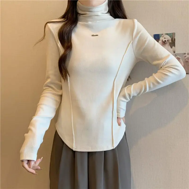 

Women's Autumn Winter Fashionable Elegant High Neck Pullover Long Sleeved Solid Color Bottom Shirt Versatile Westernstyle Tops