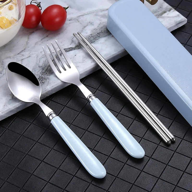 2/3Pcs Spoon Fork Chopstick Cutlery Portable Dinnerware Kit Lunch Tableware With Box Set 401 Stainless Steel Kitchen Accessories