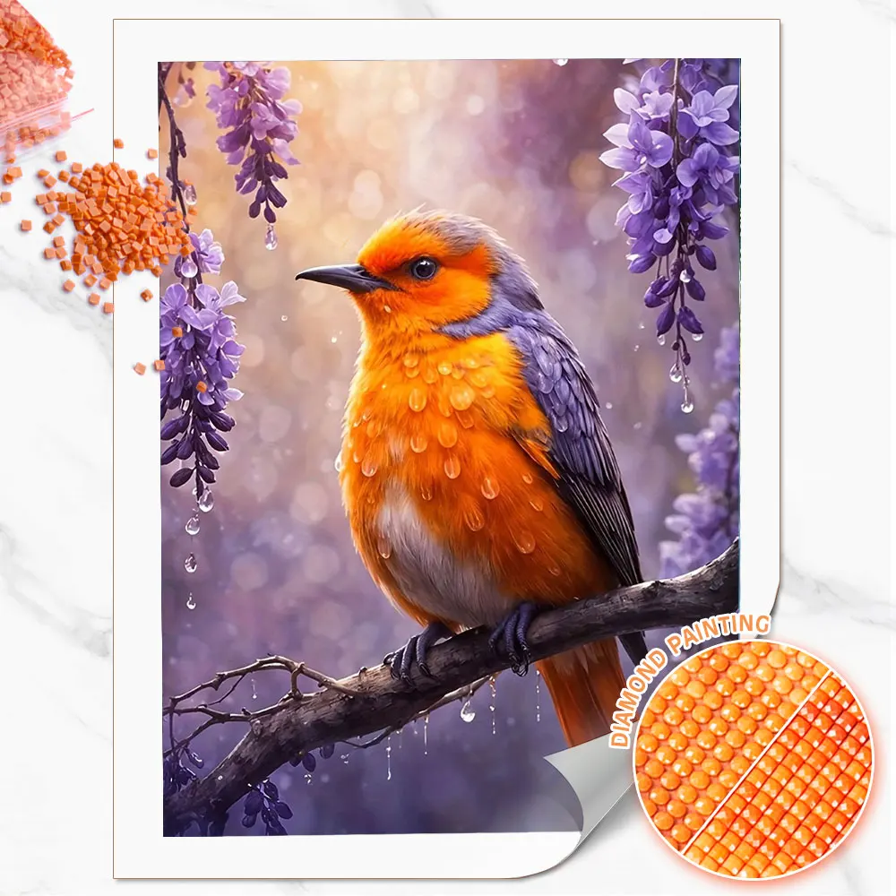 Huacan 5D Diamond Painting Purple Flowers Robin Bird Diamond Mosaic Animal New Collection Decorative Paintings Gift