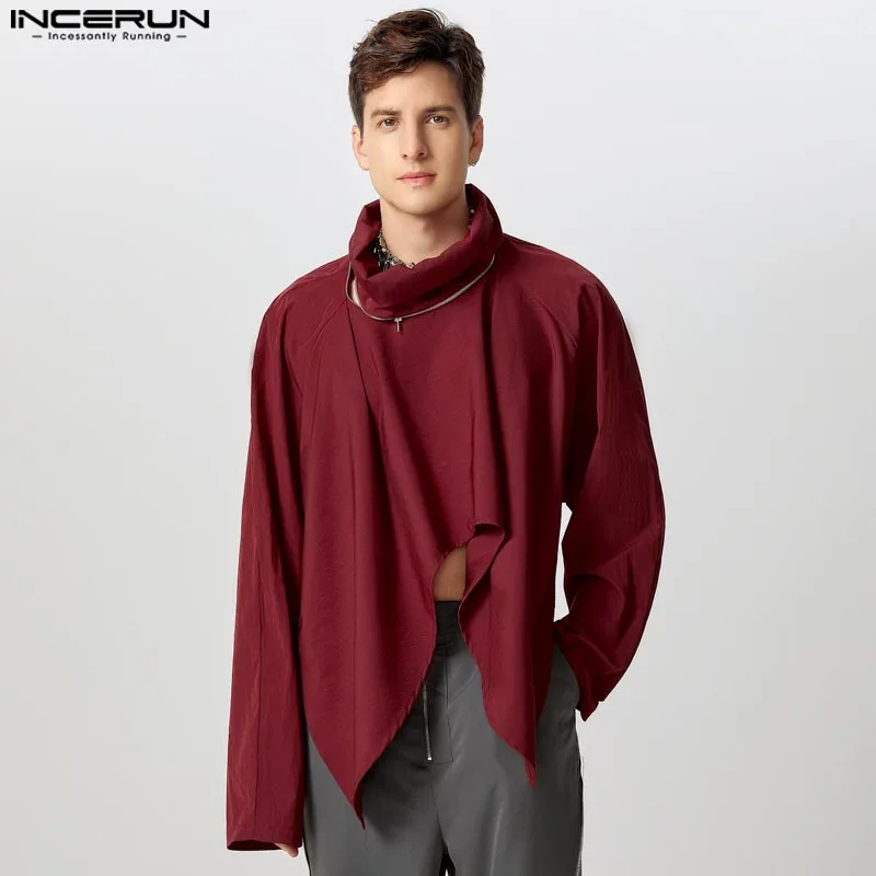 INCERUN Tops American Style Handsome Men's Personality Zipper Scarf Neck T-shirts Solid Patchwork Cropped Long Sleeved Camiseta