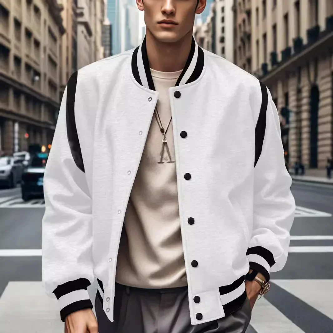 

LIBIELIY 2024 European And American Men's Trendy Autumn And Winter Fleece-lined Patchwork Buttoned Baseball Jacket Cardigan Coat