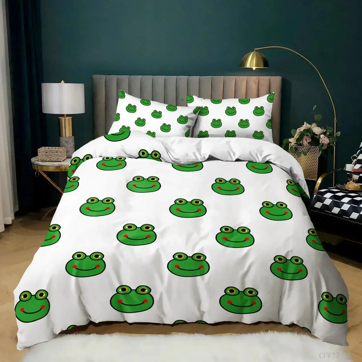 Cartoon Frog Duvet Cover Set KingQueen Size Lovely Green Animal Reptile Funny Face Bedding Set Polyester Comforter Cover