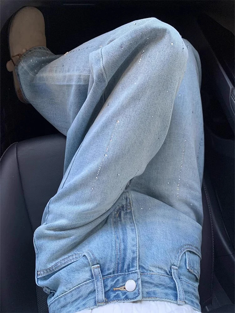 WCFCX STUDIO Retro Niche Design กางเกงยีนส์ขากว้างผู้หญิง 2025 ฤดูร้อนใหม่แฟชั่น Rhinestone ตรงกางเกงสบายๆกางเกง