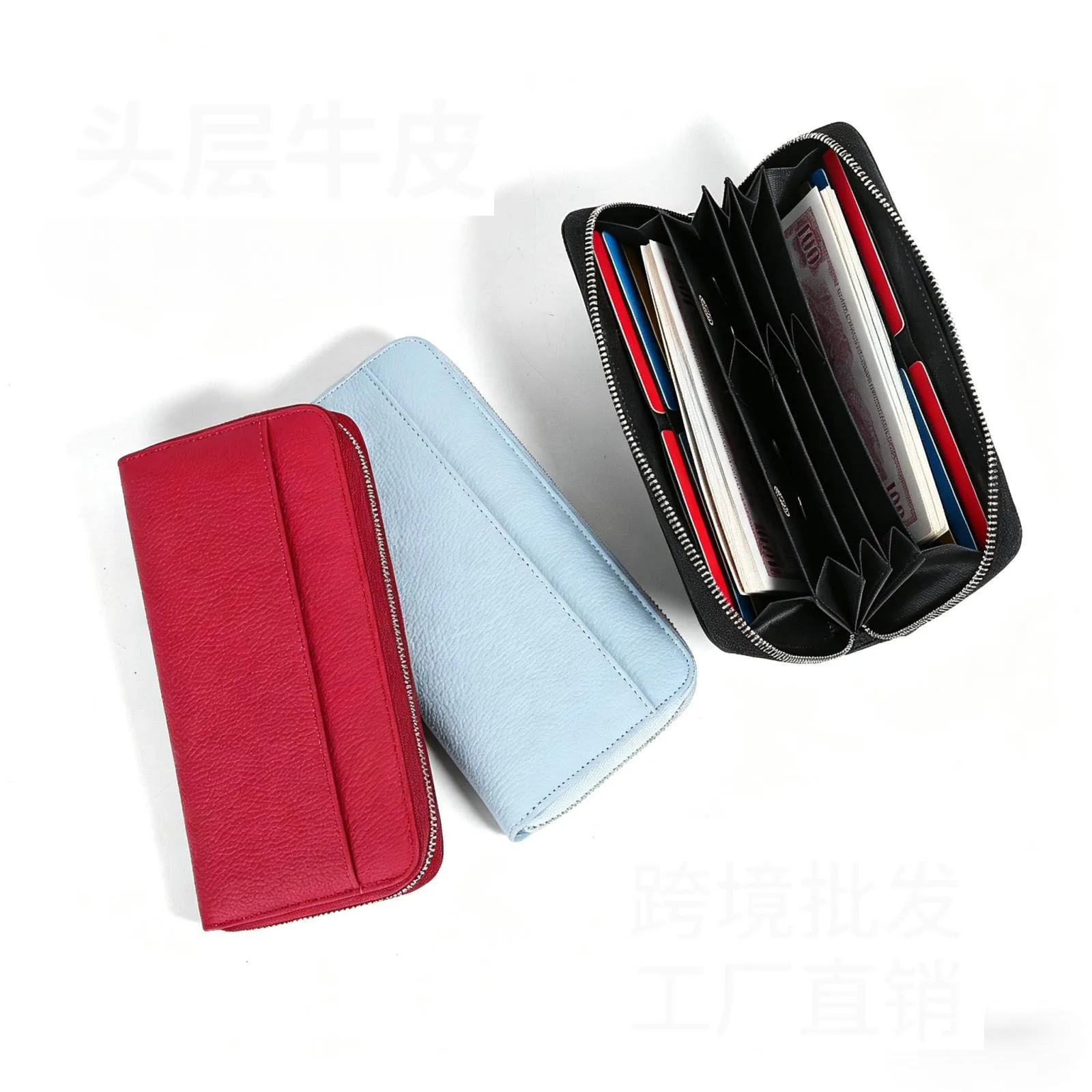 Western Lychee Pattern Accordion Cowhide Leather Women Wallet Large Capacity Multi-cards Phone Bag Wallet for Ladies