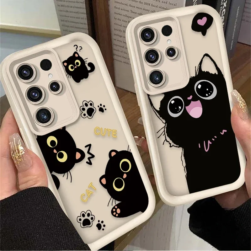 Lovely Black Cat love Heart Silicone Soft Phone Case for Samsung Galaxy S24 S23 S22 S21 Ultra Plus FE A54 A34 A14 A73 A53 A33 5G