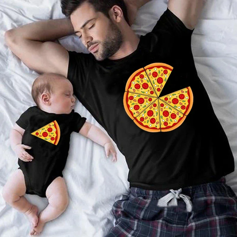 Funny Pizza and Pizza Slice Print Family Matching Shirts Cotton Dad and Daughter Son Kids Tshirts Baby Rompers Father\'s Day Gift