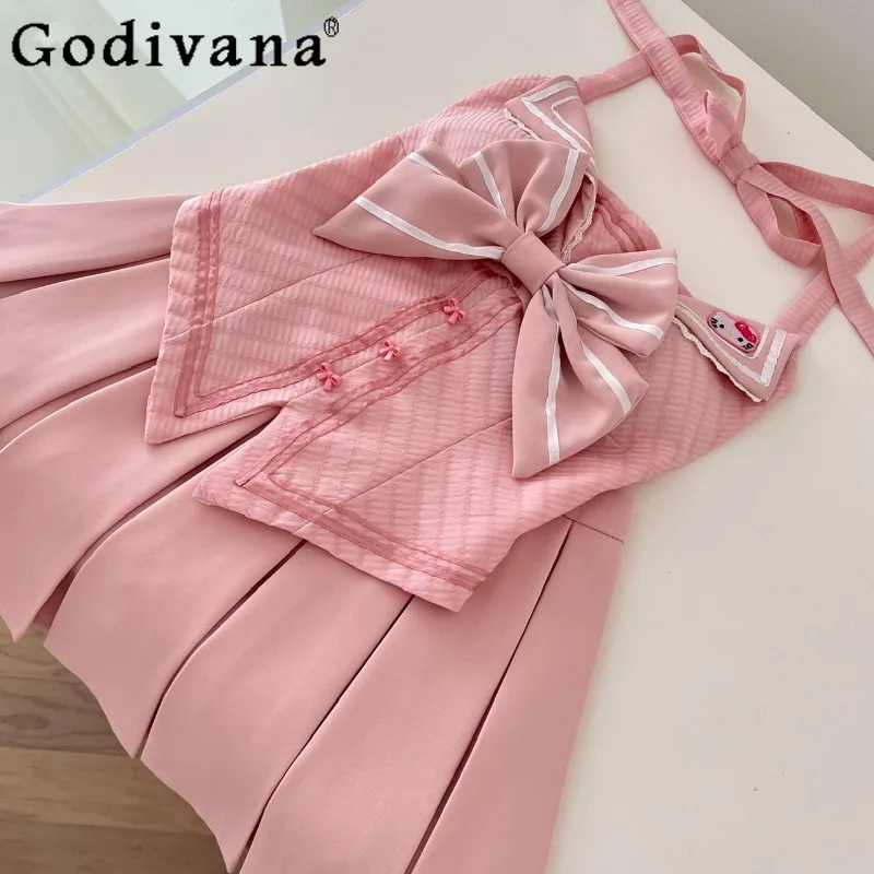 Verão estilo princesa conjunto feminino lolita doce topo e saia duas peças terno feminino verão grande arco design saia outfits