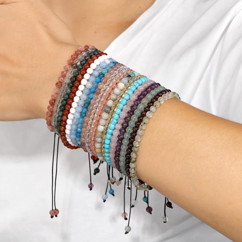 4 mm Naturstein-Armbänder mit runden Perlen, verstellbares Seil, geflochtenes Armband, Heilung, Reiki-Energie-Armband für Damen und Herren, Armreif, Geschenk