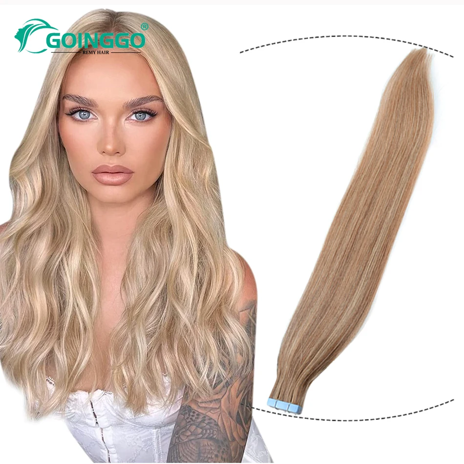 P16/22 Straight Tape In Human Hair Extensions Golden Blonde Highlight Dark Ash Blonde Hair Extension Tapes Hair 20Pcs/50G
