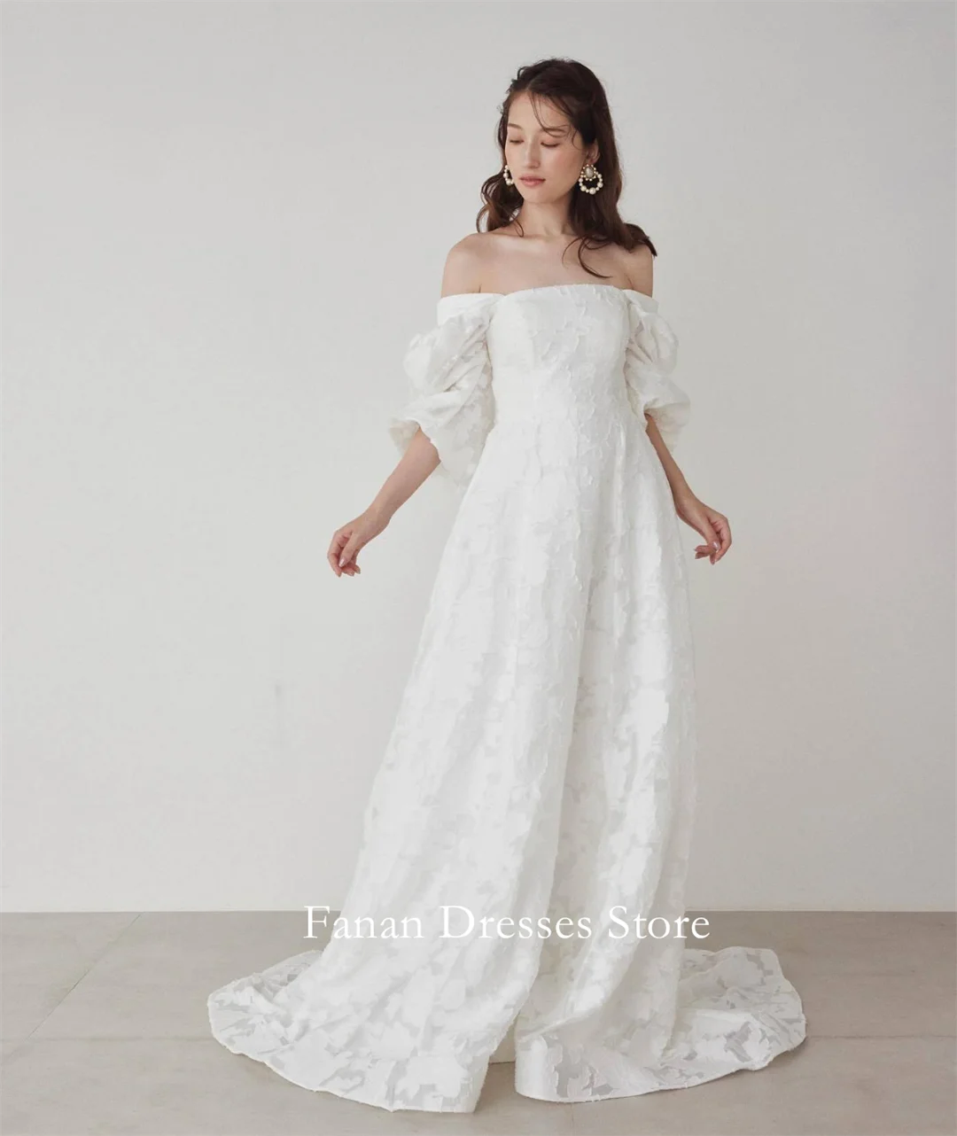 FANAN Korea 스퀘어 넥 레이스 우아한 A 라인 심플 웨딩 드레스 웨딩 드레스 셔링 코르셋 아이보리 맞춤형 예쁜 신부 G