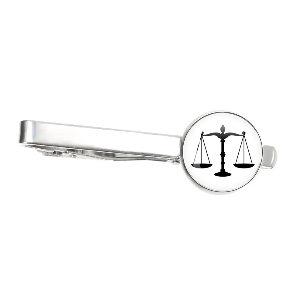 Lawyer Alloy Tie Clips 16MM Glass Fairness and Impartiality Scales Logo Men Jewelry For Notary Law Necktie Clasp