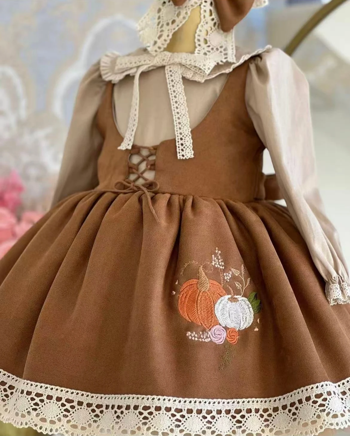 0-12Y Baby Girl Autumn Pumpkin Embroidery Vintage Princess Brown Dress With Hair Bow for Birthday Photography Holiday Eid C209