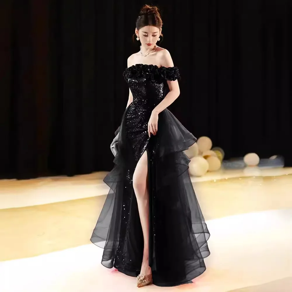 Zwarte One-schouder Avondjurken Luxe Pailletten Banket Slanke Taille Split Prom Dress Lovertjes Bruiloft Vestidos Aangepaste