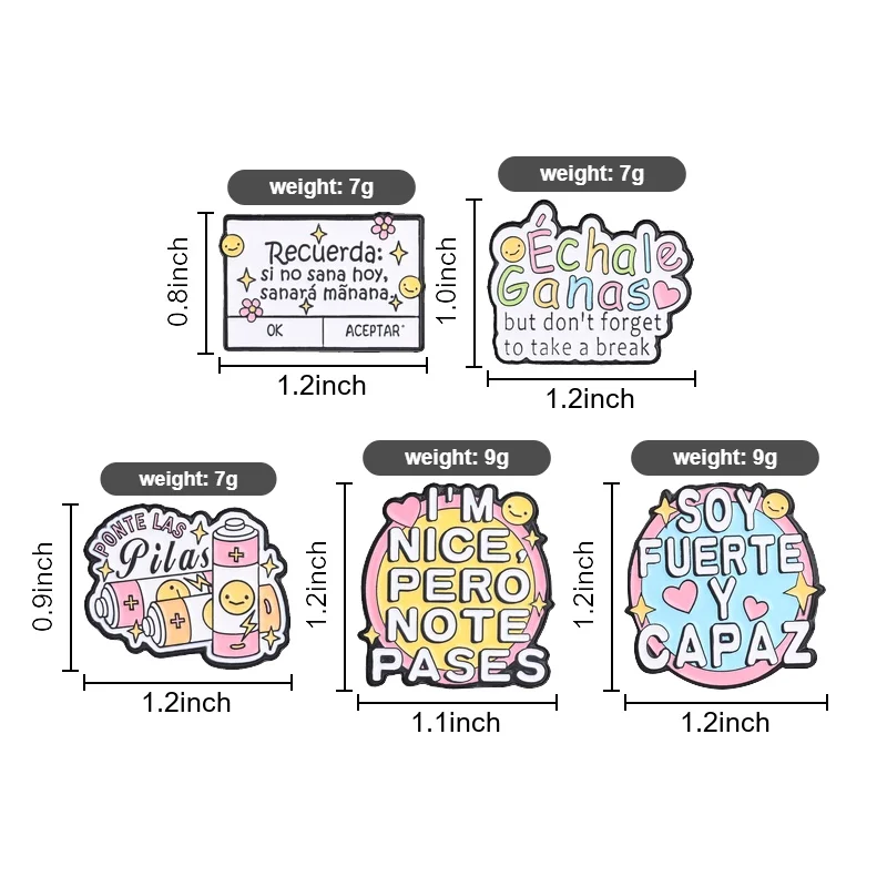 5Pcs Motivational Spanish Text Enamel Lapel Pins Self Care Phrase Cartoon Battery Heart Metal Brooch Accessories for Spanish