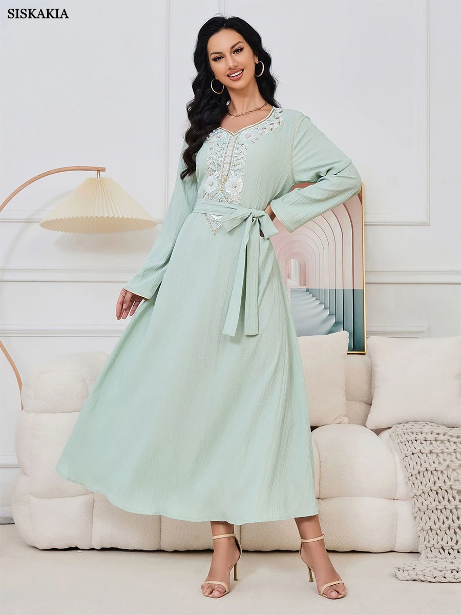 Siskakia Solid Elegant Party Floral Embroidery Beading Long Sleeve V-Neck Dress With Sashes Islamic Gulf Dubai Women Outfits