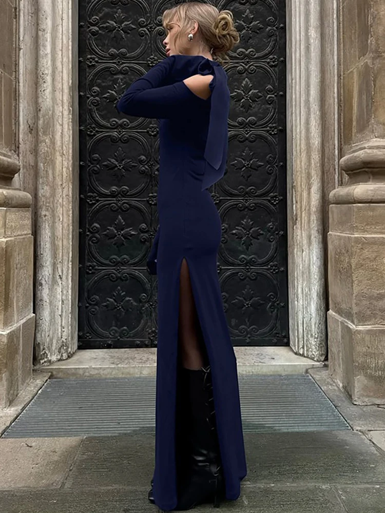 Kliou Abiti lunghi moda elegante Donna Tendenza autunnale Colletto obliquo Manica intera Spacchi laterali Robe Prom Party Abiti basic solidi