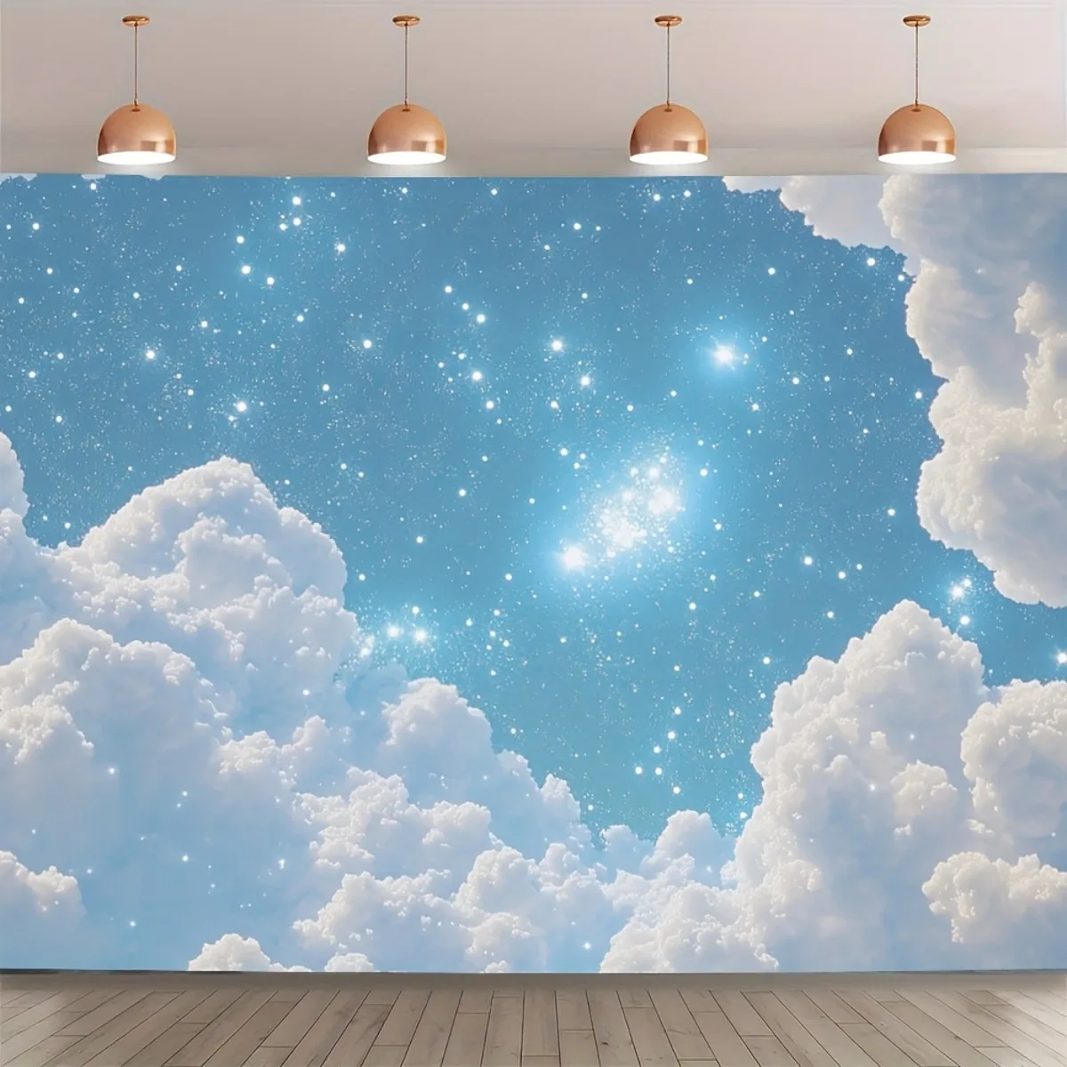 Extra Large 3D Blue Sky Starry Night Tapestry Wall Hanging - Friendly 3D Cloud & Star Design with Twinkling Effect, Dreamy Celes