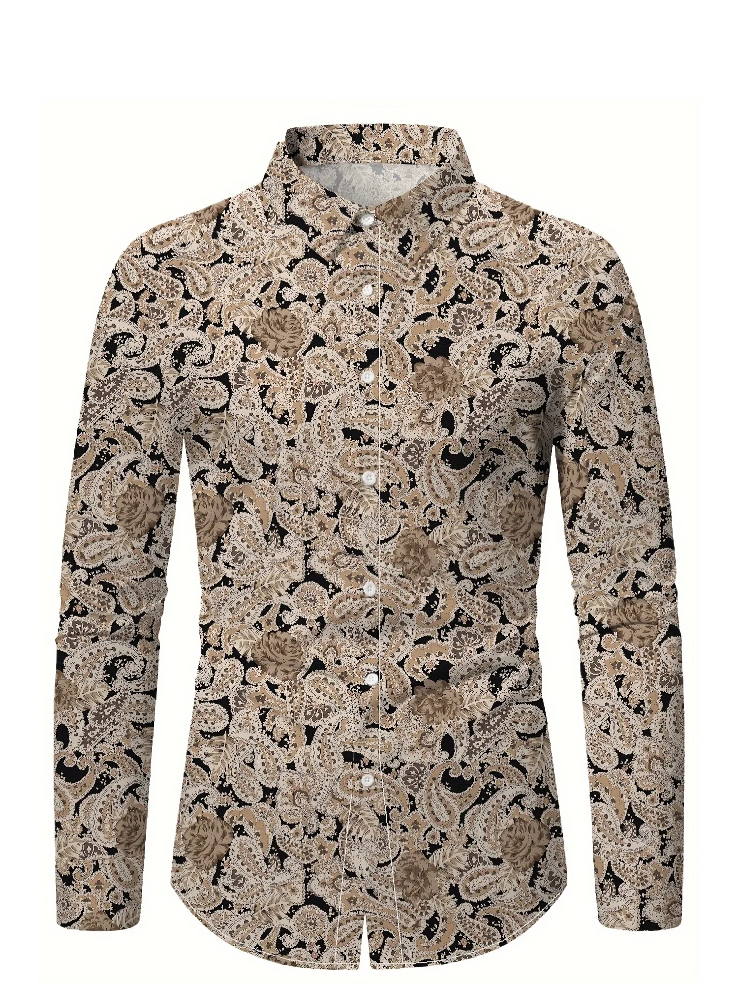 Men Long‑Sleeve Button‑Down Shirt Beige Paisley Floral Full Print Polyester Lapel Collar Daily Casual Top