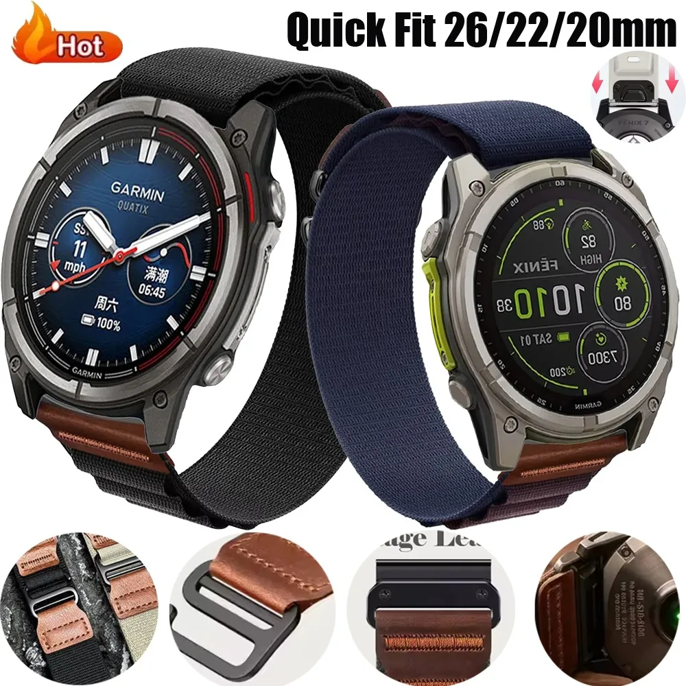 Quick Fit 26/22/20mm Soft Alpine Nylon Strap for Garmin Quatix/Fenix 8 51-47mm Bracelet for Tactix8/T-Rex Ultra2 51mm/Instinct 3