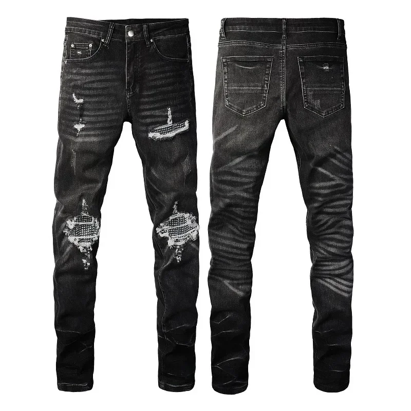

Four Seasons New Fasshion Men's American High Street Trendy Hole Patched Slim Jeans Pencil Pants Skinny Diamond Studded Jeans