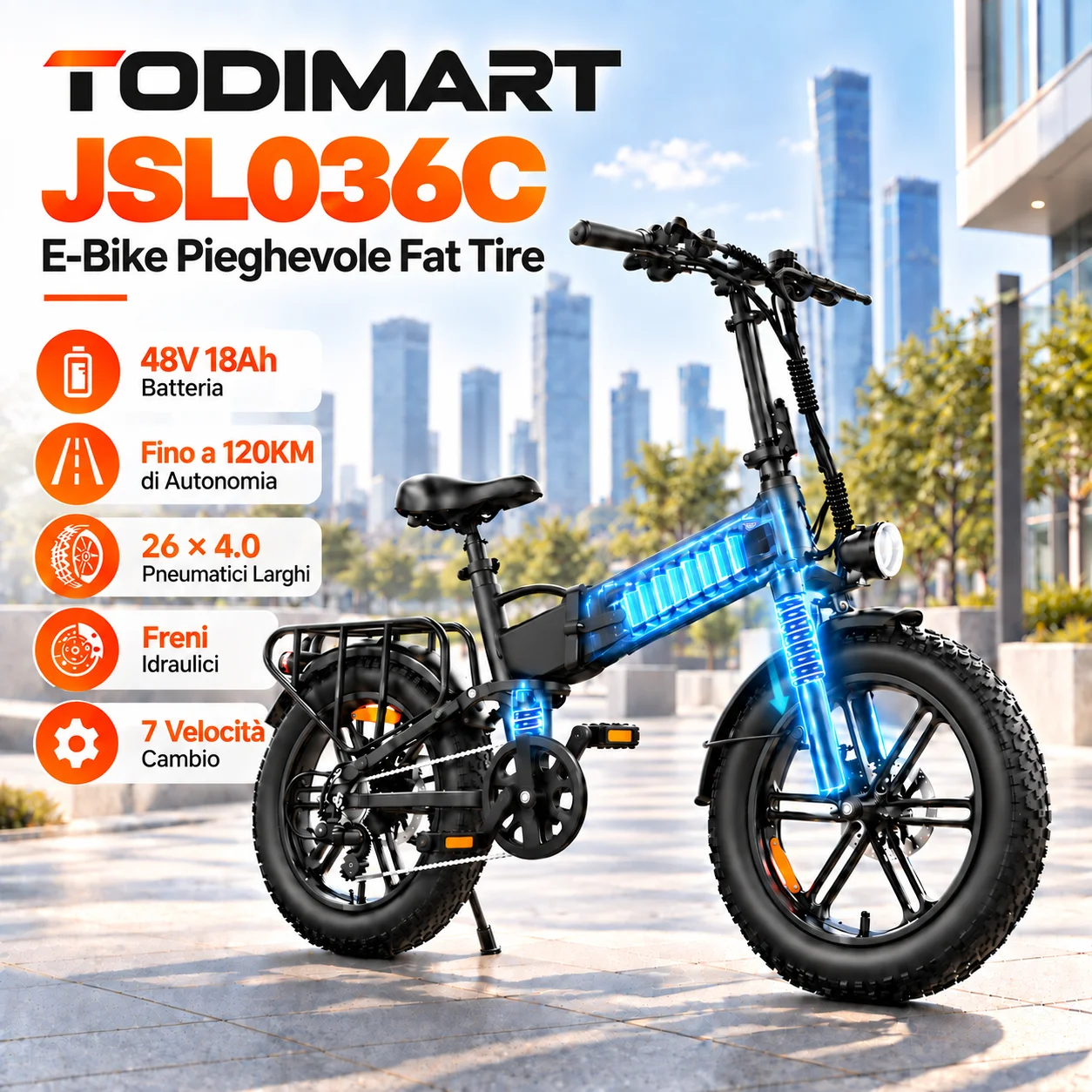 TODIMART JSL036C Bici Elettrica Pieghevole per Adulti Autonomia 120KM Batteria 48V 18Ah Pneumatici Fat 26×4.0 Pollici Freni Idraulici Sospensione Anteriore 7 Velocità E-Bike da Città