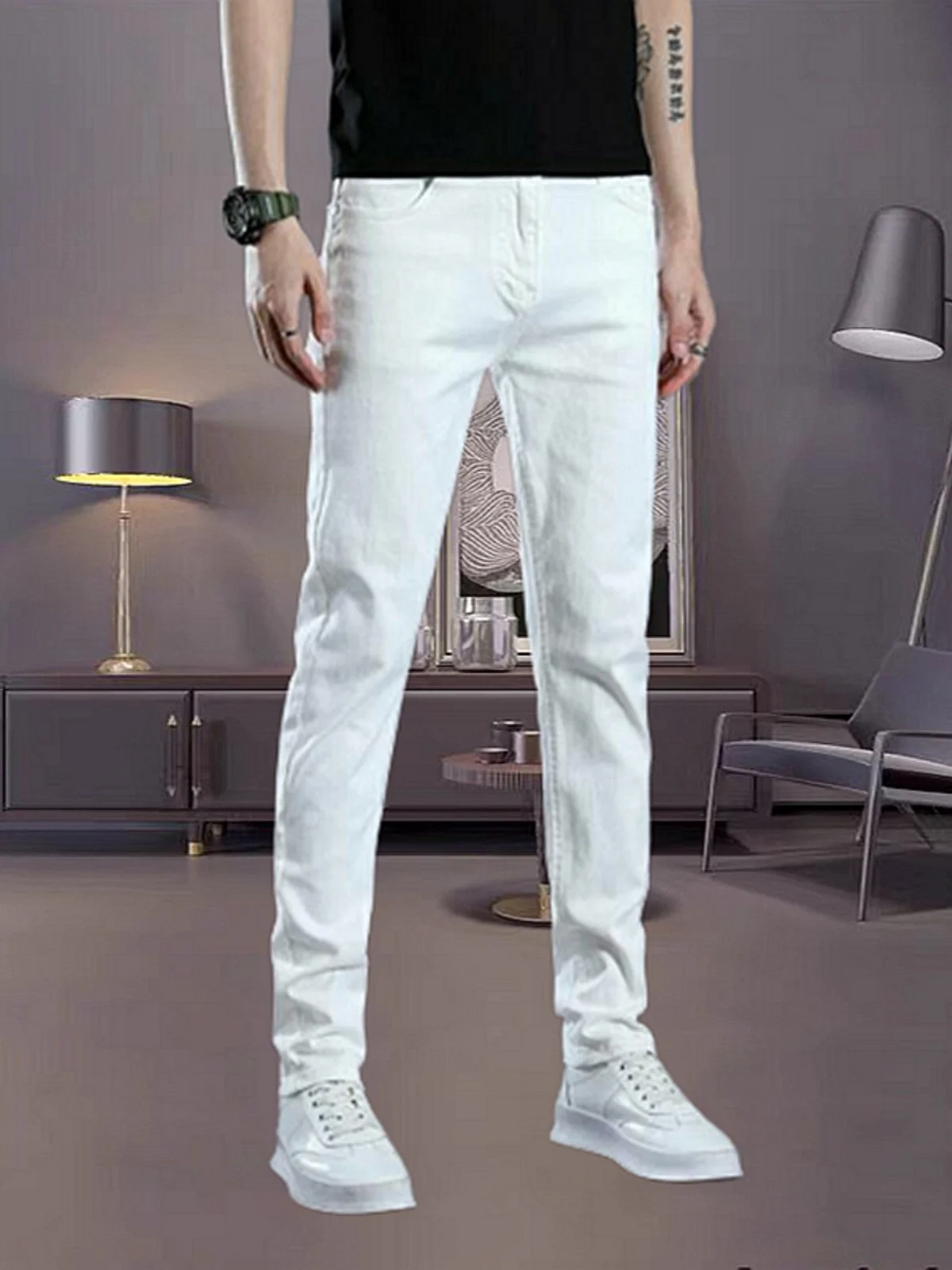 

White Slim Fit Jeans Men's Long Pants Elastic Casual Straight Leg Jeans Four Seasons Trendy Trousers for Men mid Waist Jeans
